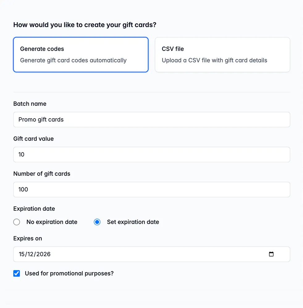 Bulk gift card generation