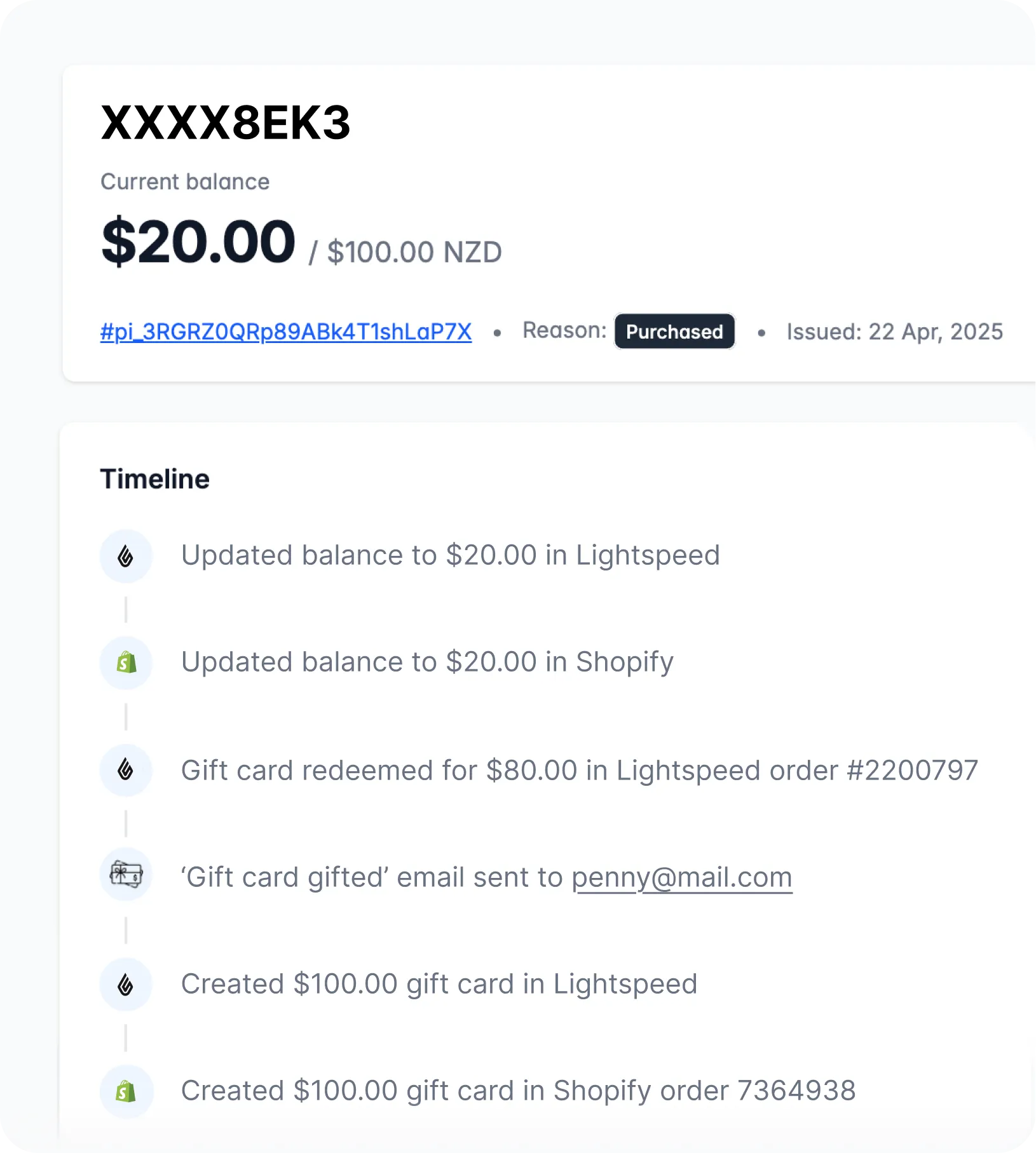 Wrapped gift card timeline sync