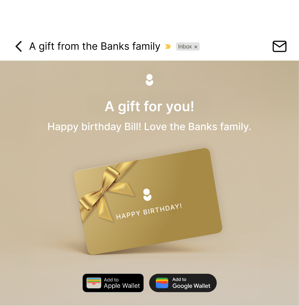 Wrapped cash gift card email with wallet