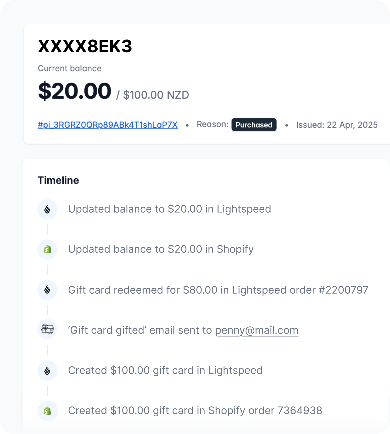 Wrapped gift card timeline sync